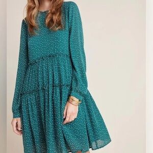 Maeve Anthropologie Ester Teal Polka Dot Tiered Long-Sleeve Mini Dress Tunic
